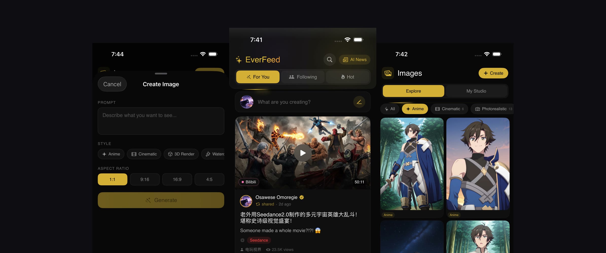 Everside running on three phones — EverFeed, the creation sheet and the image explore grid