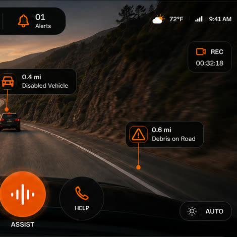 Roadify OS — hazards ahead on a night road