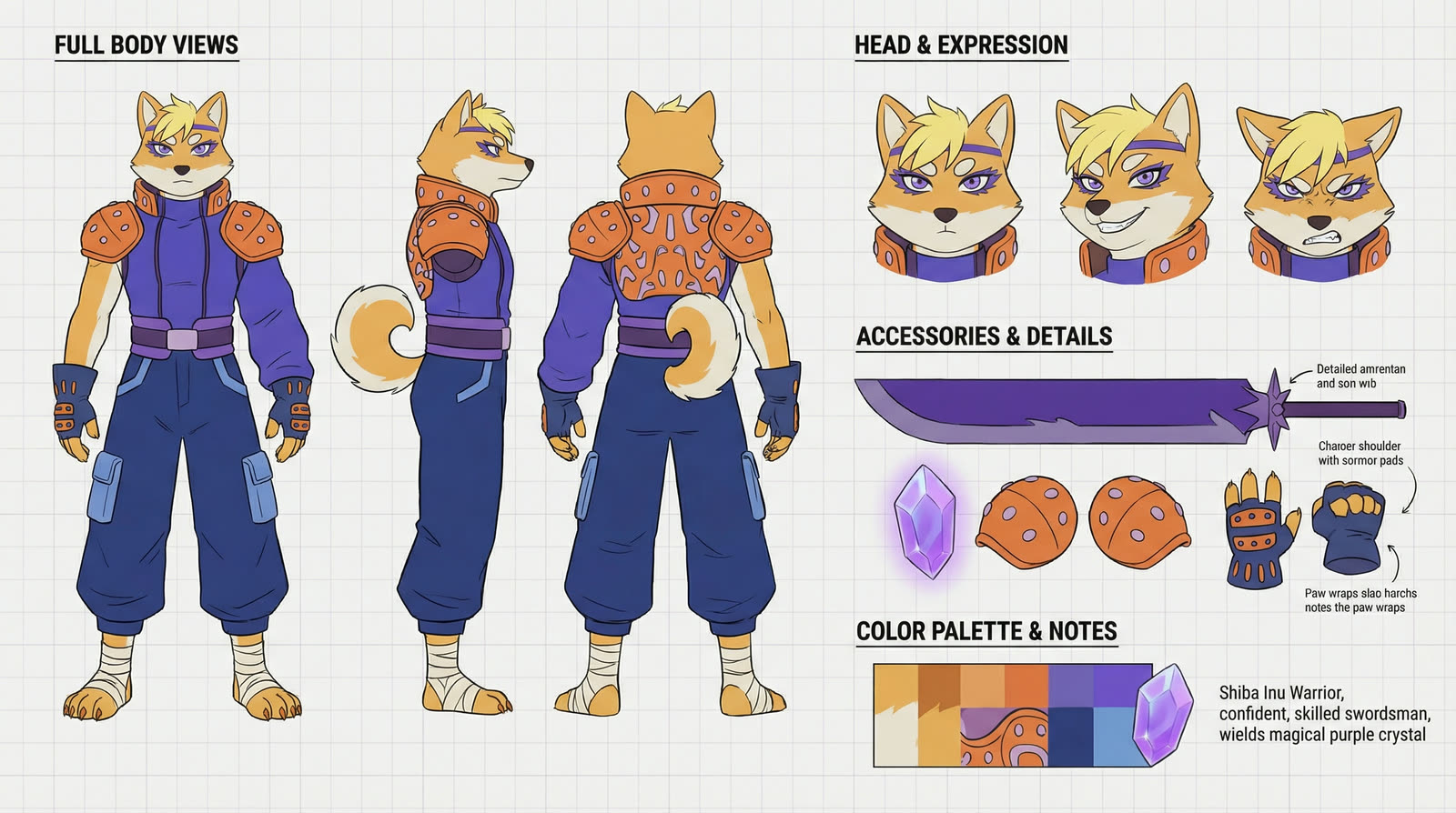Sanshu model sheet — full body, expressions, accessories, palette